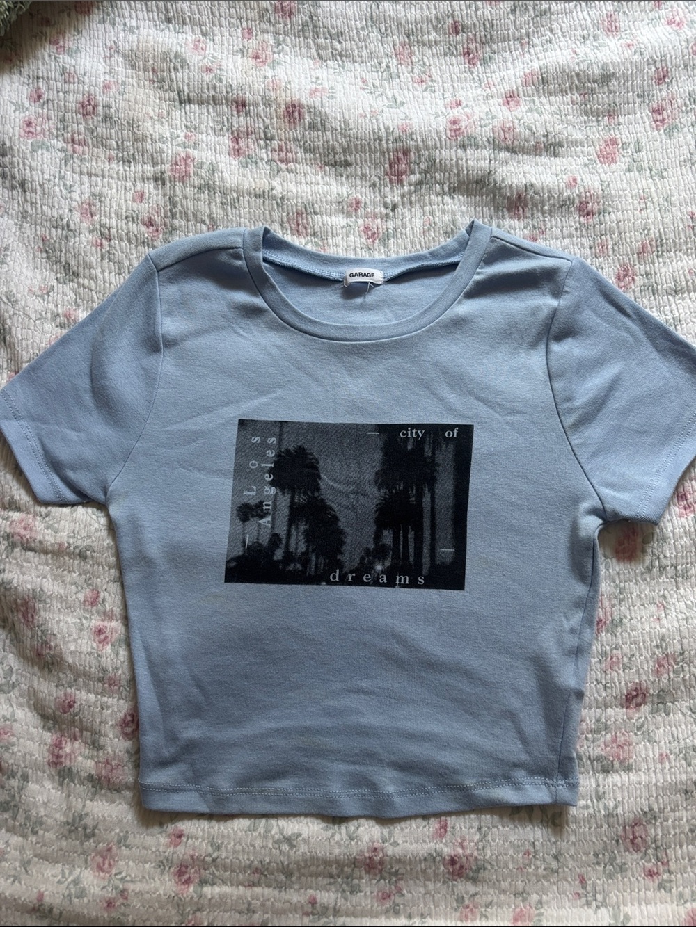 Garage Light Blue Graphic Crop Tee with Black Print